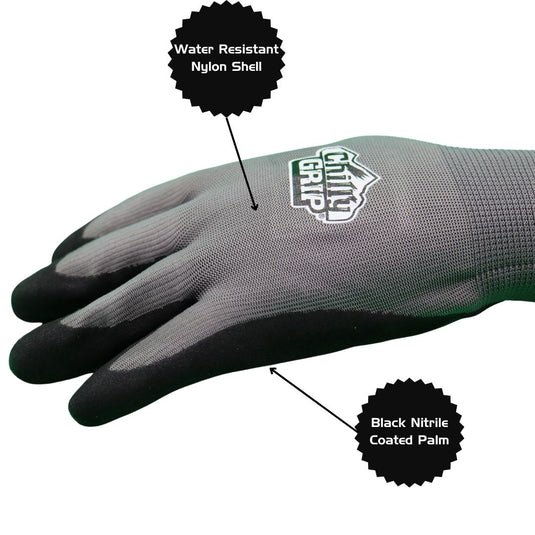 A320 Chilly Grip® H2O Water Resistant Gray Gloves, Thermal Liner, Black Nitrile Coated Palm, Sizes S-XL