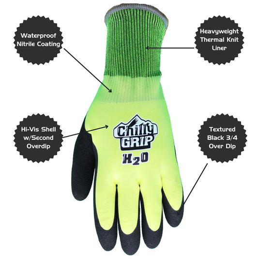 A324 Chilly Grip® H2O Waterproof Thermal-lined Black/Hi-Vis Gloves - Nitrile Over Dip Coating, Sizes M-XXL