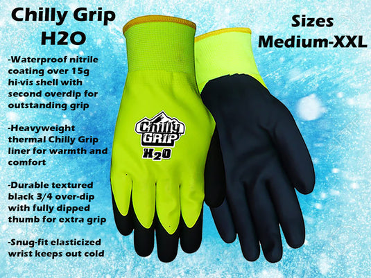 A324 Chilly Grip® H2O Waterproof Thermal-lined Black/Hi-Vis Gloves - Nitrile Over Dip Coating, Sizes M-XXL