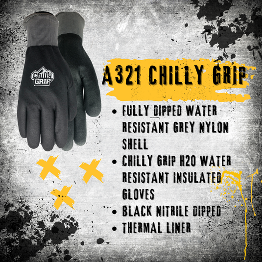 A321 Chilly Grip® H2O Waterproof Fully Dipped Nylon Shell Insulated Gloves, Sizes S-XXL